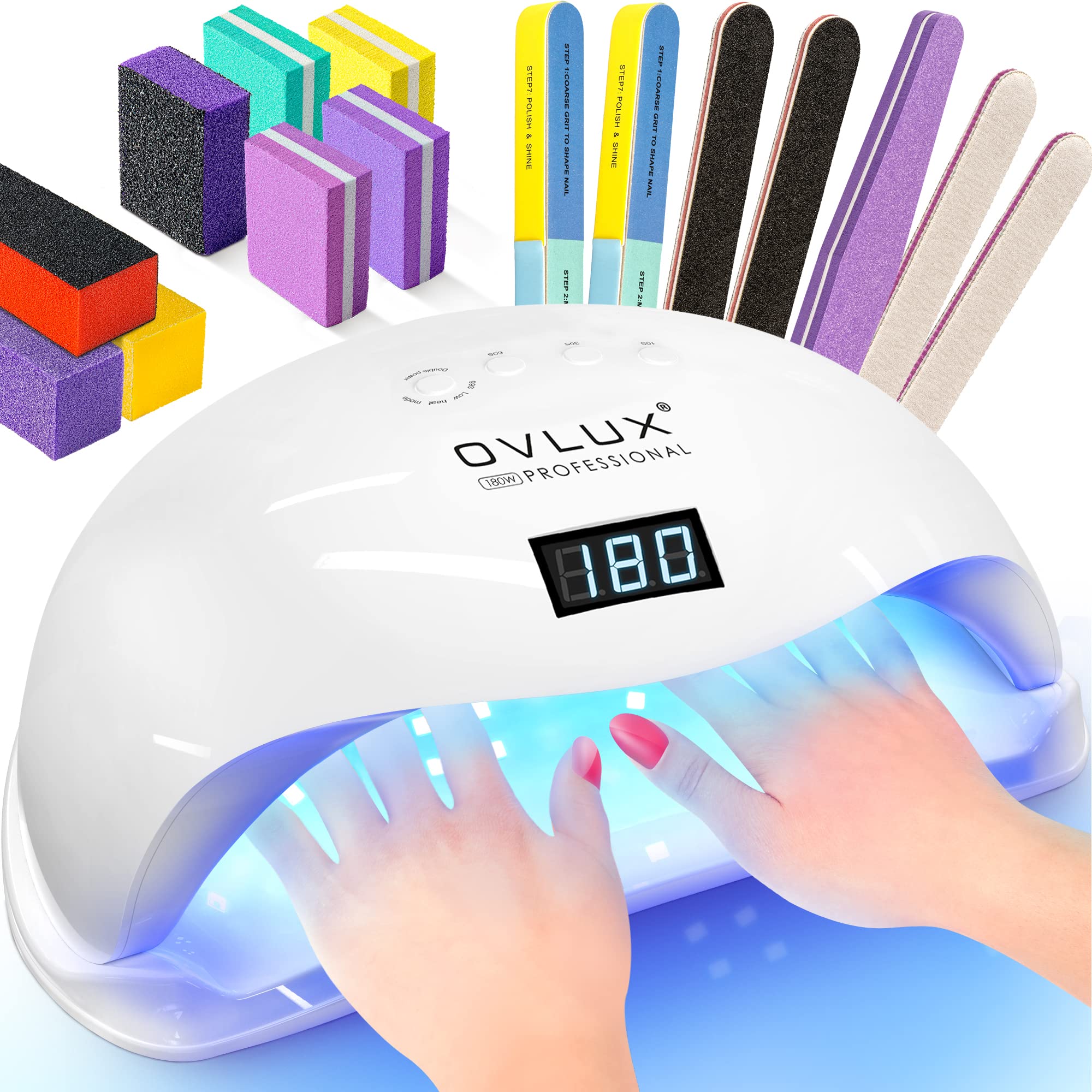 OVLUX UV LED Nail Lamp 180W, Professional Nail Dryer Machine, Best Gel UV LED Nail Lamp for Fingernail & Toenail Gel Based Polishes – Nail Curing Light with 57 pcs LEDs, 4 Timer Settings