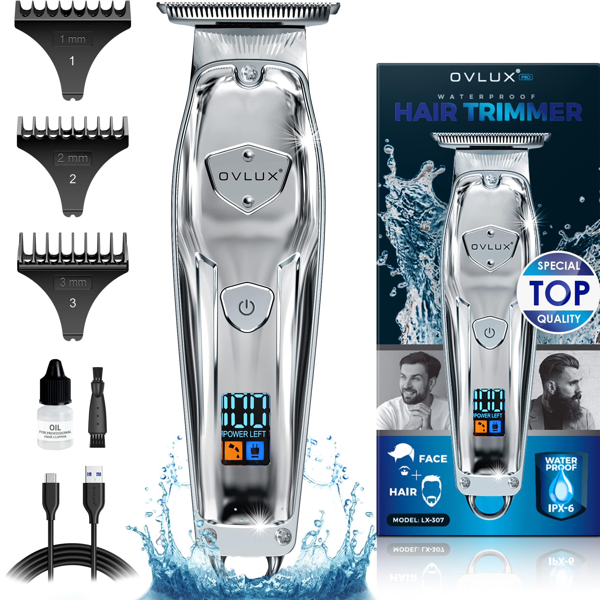 OVLUX [Waterproof] Full Metal Professional Hair Trimmer for Men - Rechargeable Hair Trimmer for Men - Cordless Clippers and Trimmers - Trimmer Liner with 1400 mAh Battery - 1mm, 2mm & 3mm Guide Combs