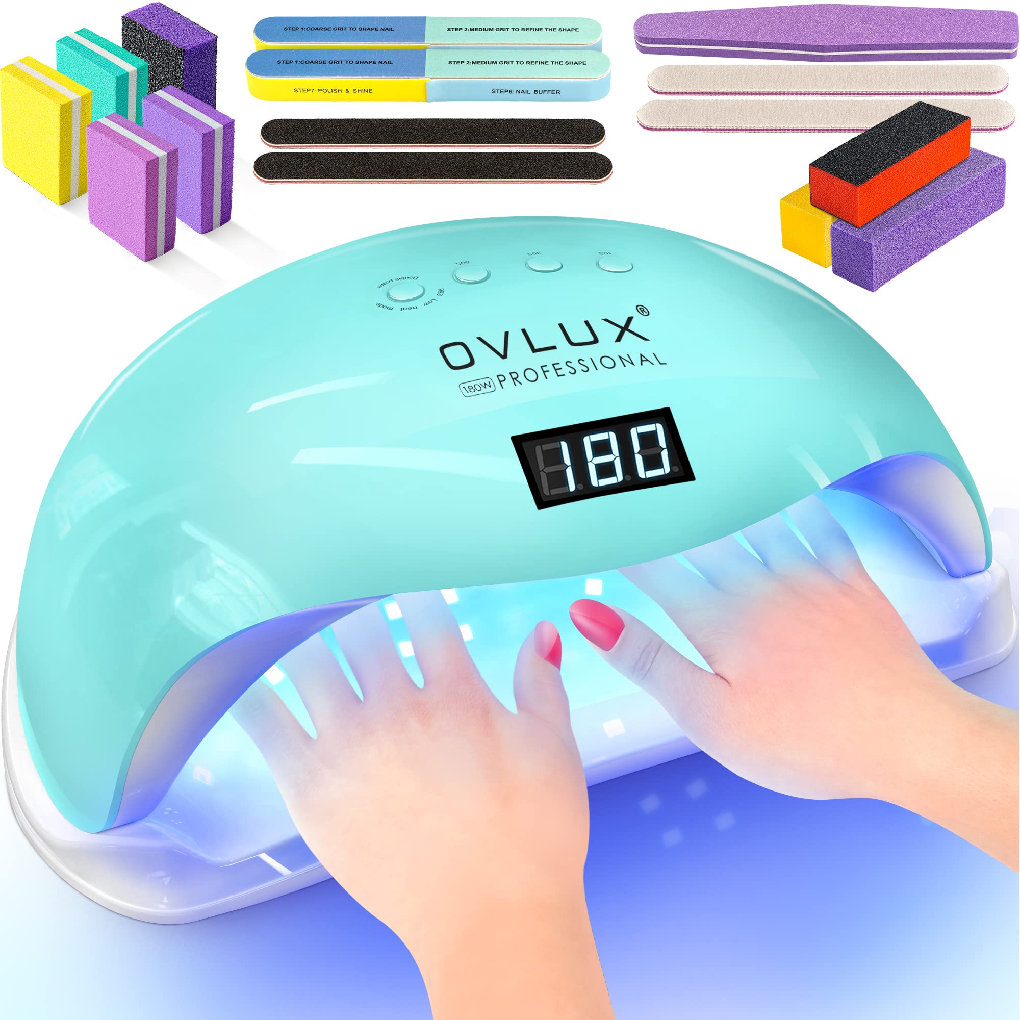 UV LED Nail Lamp 180W, Professional Nail Dryer Gel Polish Light, UV Nail Light with 57 Bulbs, 16 Files & Buffers, Nail Polish Curing Gel LED Dryer, Professional Nail Art Tools - Color Tiffany