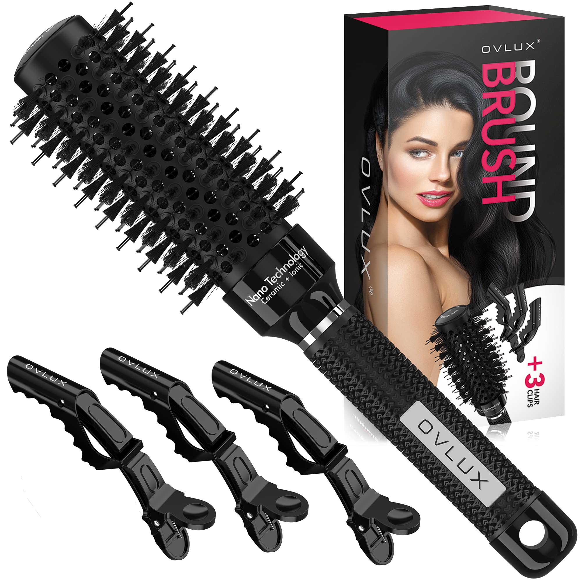 OVLUX Round Brush Professional - Nano Thermal Ceramic & Ionic Tech Hair Brush, Smart Barrel Brush with Nylon & Boar Bristles for creating volume and shine, round hair brush for blow drying (1.3inch)