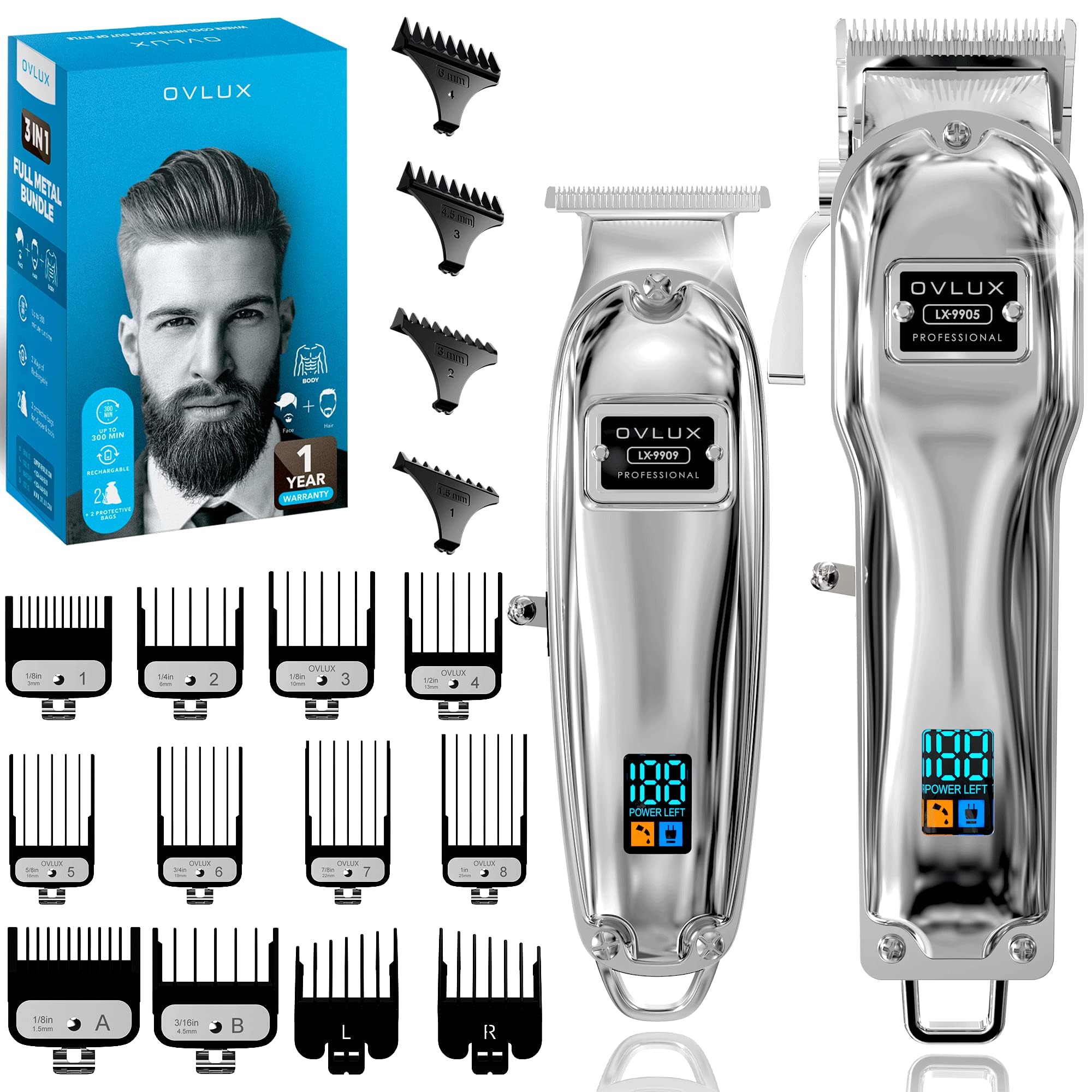 Full Metal Cordless Hair Clippers and Trimmer professional set for Men - Rechargeable Clippers for Hair Cutting, Beard T-Blade Trimmer for men, haircut machine for Self Cutting & Grooming Kit