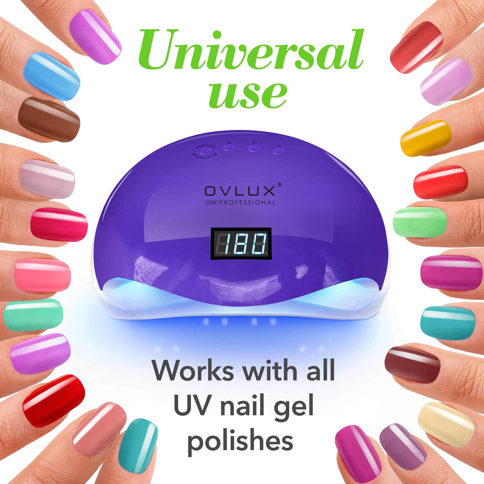 OVLUX UV LED Nail Lamp - Professional 180W Curing Light for Flawless Acrylic & Gel Polish Complete Manicure & Pedicure Drying Solution with 57 Bulbs, 16 Files & Buffers, 4 Timer Settings - Purple