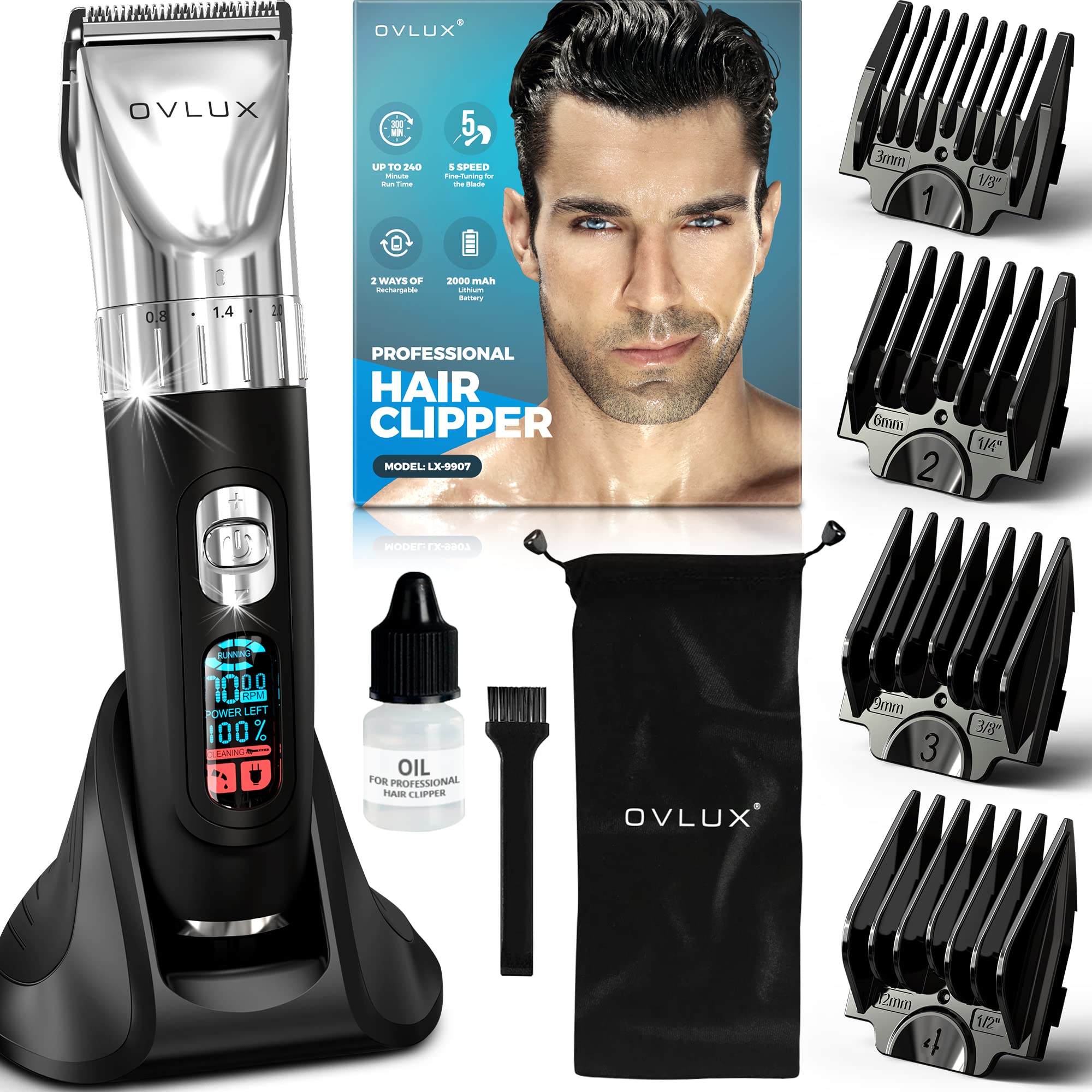 OVLUX Advanced Hair Clipper Kit - Versatile Corded/Cordless Use, Ergonomic with LED Display, Sharp Stainless Steel Blades, Perfect for Men’s Hair & Beard Styling, includes 4 Guide Combs & Accessories