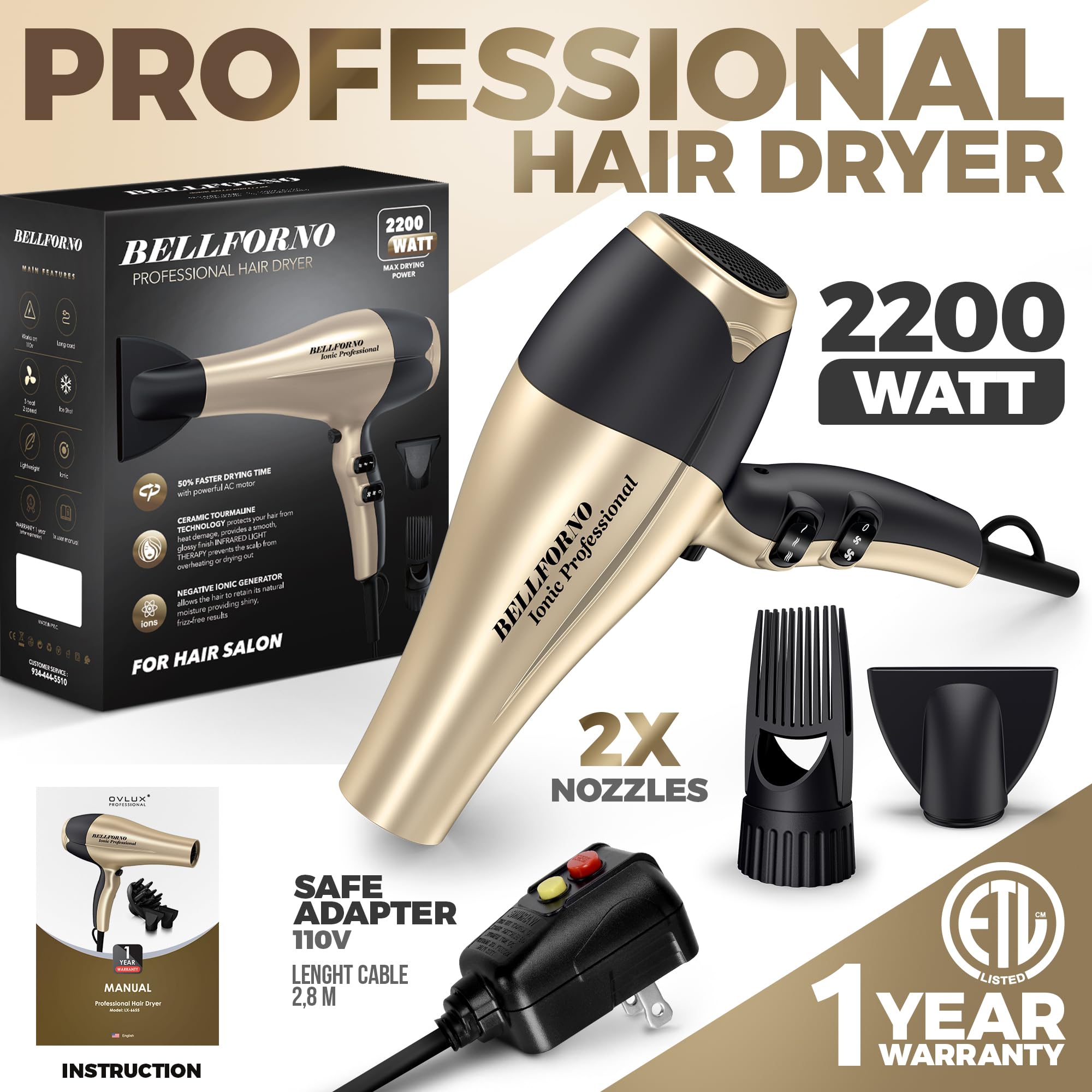 2200W High-Power Hair Dryer - Ionic Ceramic Tourmaline Technology, Lightweight Ergonomic Design with Cool Shot, Comb Attachments & Adjustable Heat/Speed, ADC Motor, Professional Salon Finish